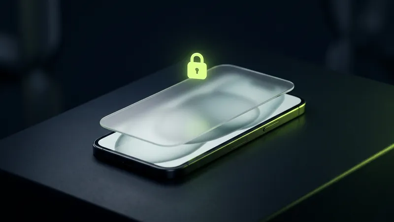 A smartphone on a dark surface, veiled by a frosted-glass mask, with a glowing padlock above it